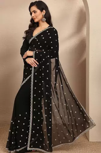 black embroidered georgette saree with unstitched blouse piece