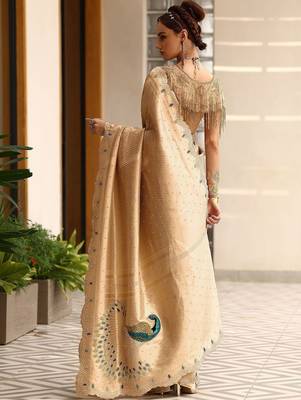 gold woven design saree with unstitched blouse piece 2