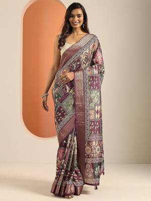 mauve printed saree with unstitched blouse piece 2