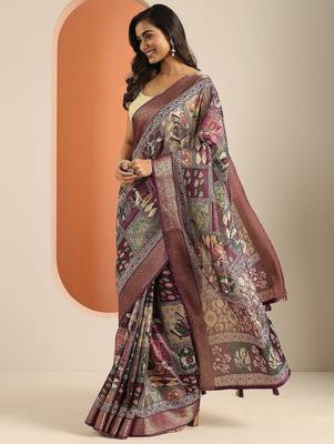 mauve printed saree with unstitched blouse piece 3