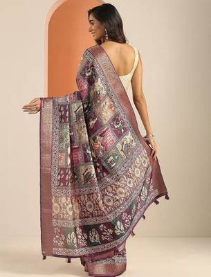 mauve printed saree with unstitched blouse piece 4