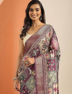 mauve printed saree with unstitched blouse piece 5