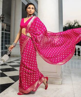 pink printed saree with unstitched blouse piece 1