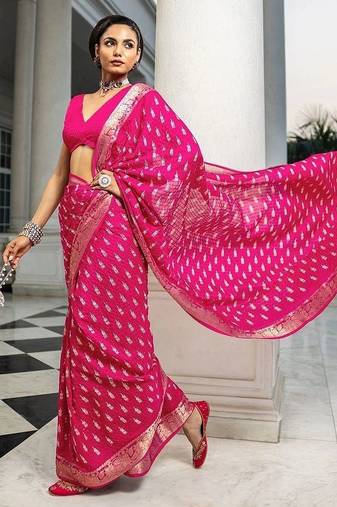 pink printed saree with unstitched blouse piece