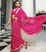 pink printed saree with unstitched blouse piece