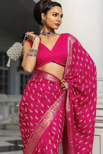 pink printed saree with unstitched blouse piece