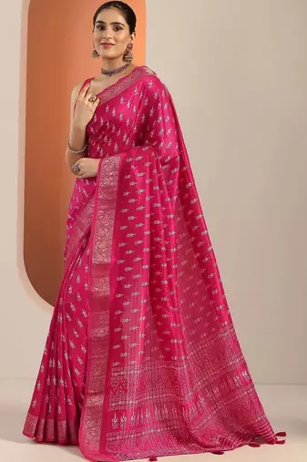 pink printed saree with unstitched blouse piece