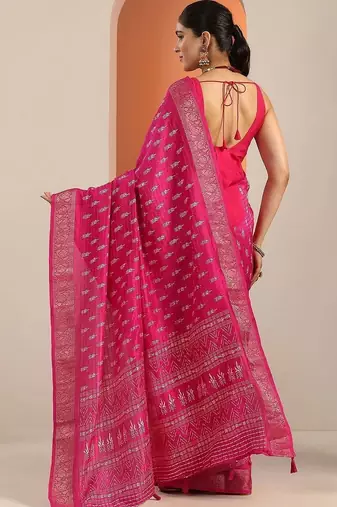pink printed saree with unstitched blouse piece