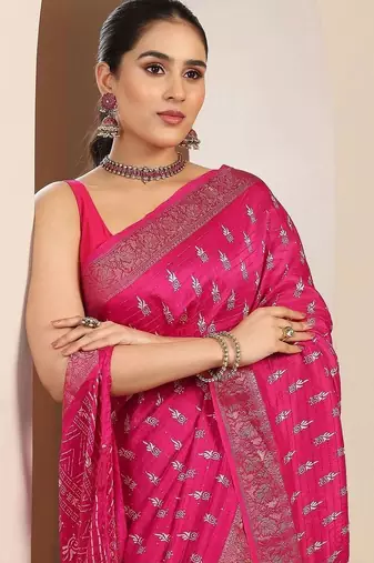pink printed saree with unstitched blouse piece