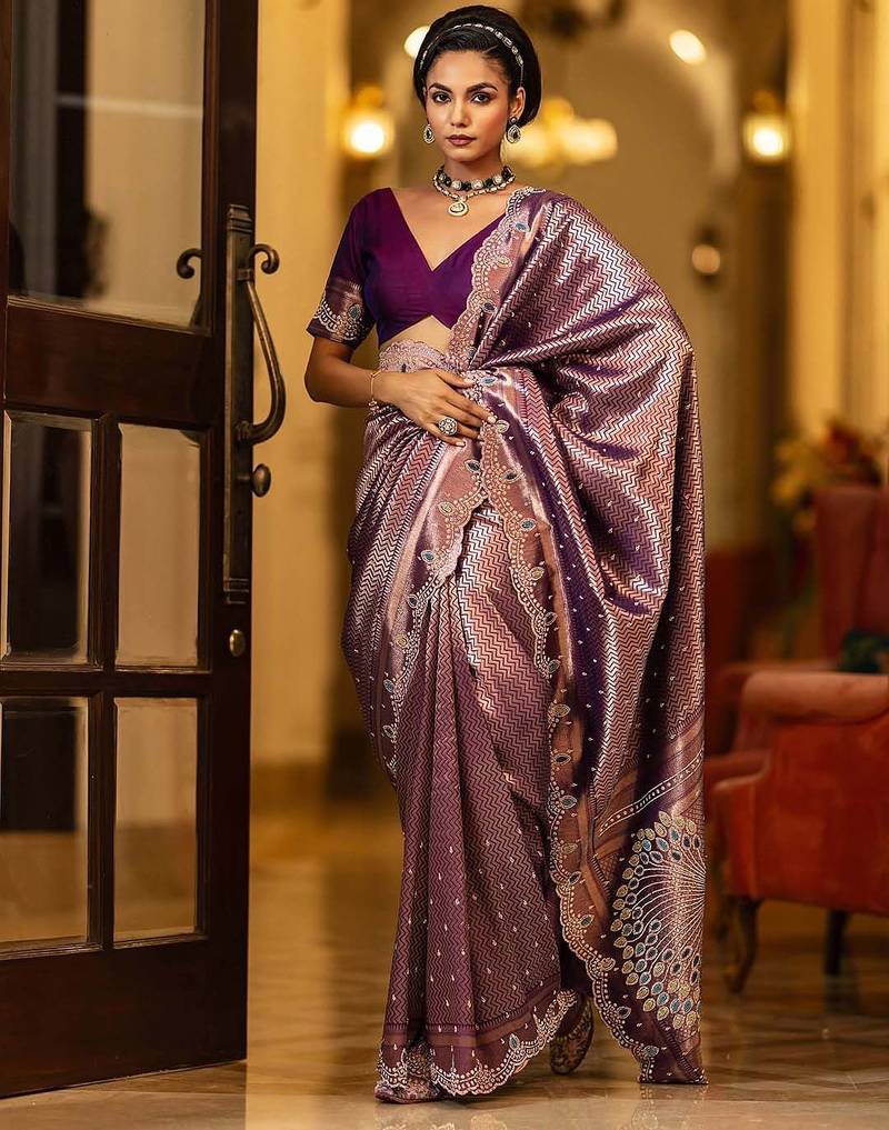 purple woven design banarasi saree with unstitched blouse piece