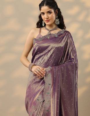 purple woven design banarasi saree with unstitched blouse piece 4