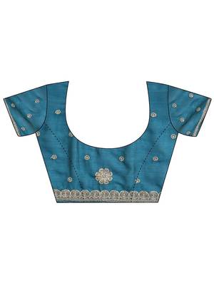 teal floral zari embroidered saree with zari embellished border and a blouse piece 5