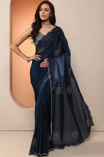 blue embellished organza saree with unstitched blouse piece