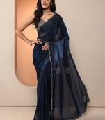blue embellished organza saree with unstitched blouse piece