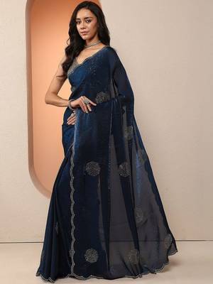 blue embellished organza saree with unstitched blouse piece 2