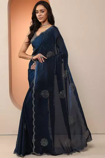 blue embellished organza saree with unstitched blouse piece