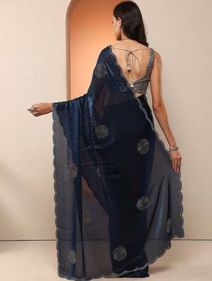 blue embellished organza saree with unstitched blouse piece 3