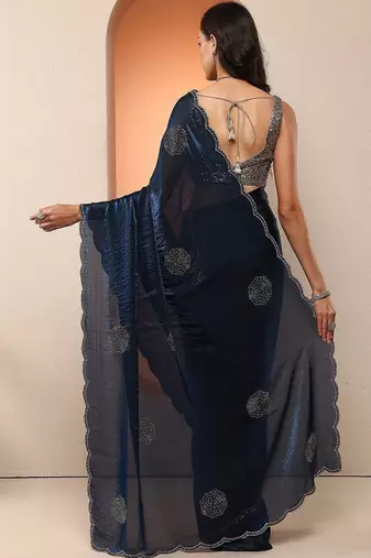 blue embellished organza saree with unstitched blouse piece