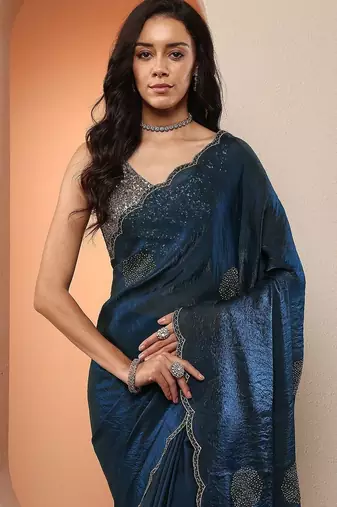 blue embellished organza saree with unstitched blouse piece