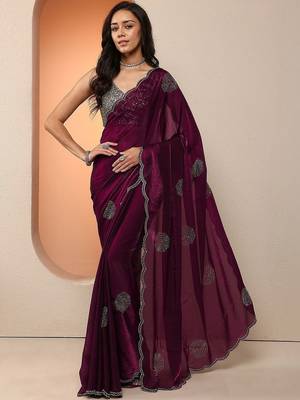 purple embellished organza saree with unstitched blouse piece 1