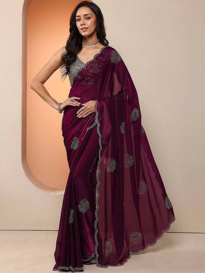 purple embellished organza saree with unstitched blouse piece