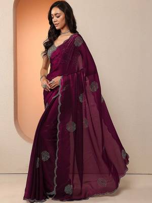 purple embellished organza saree with unstitched blouse piece 2
