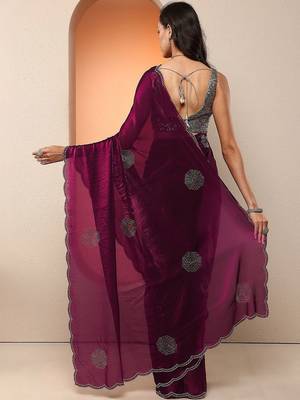 purple embellished organza saree with unstitched blouse piece 3