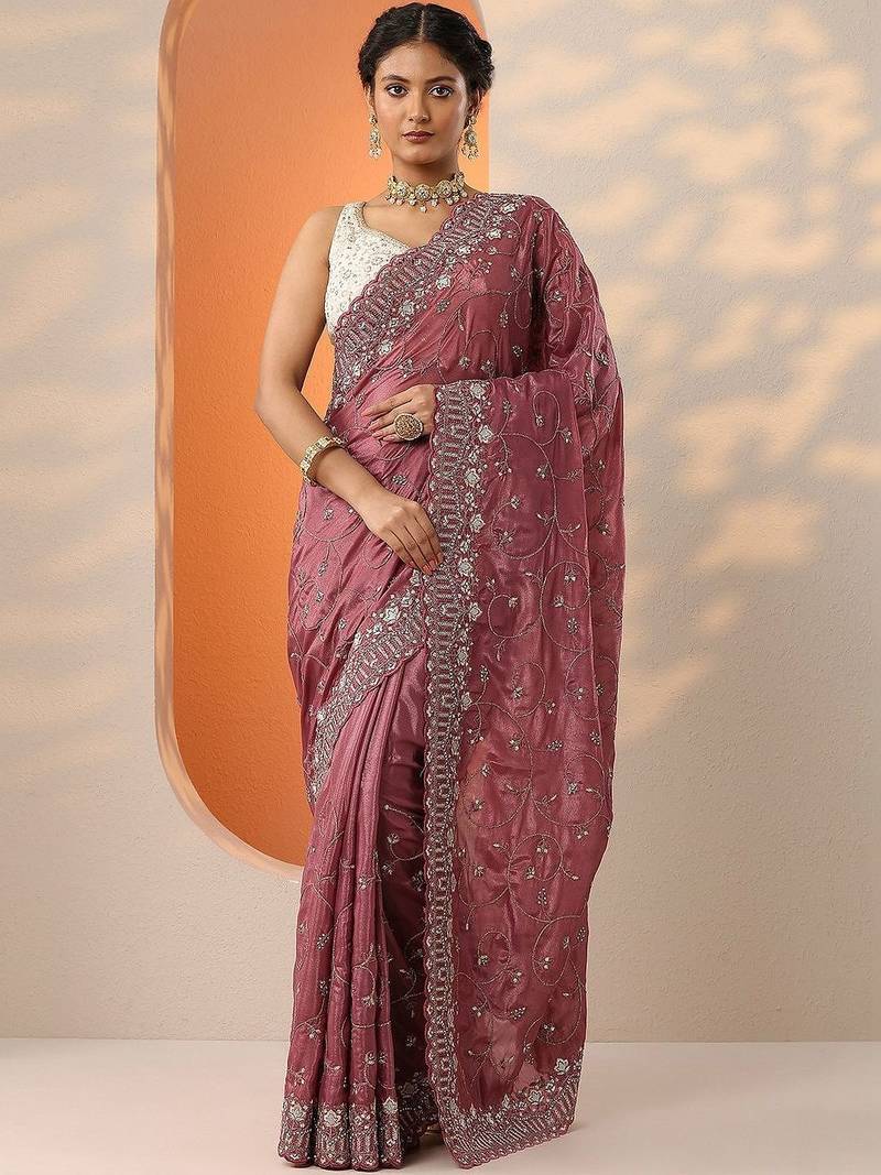 pink embroidered organza saree with unstitched blouse piece