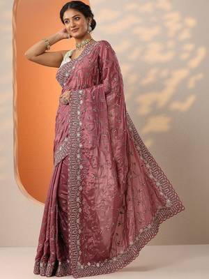 pink embroidered organza saree with unstitched blouse piece 4