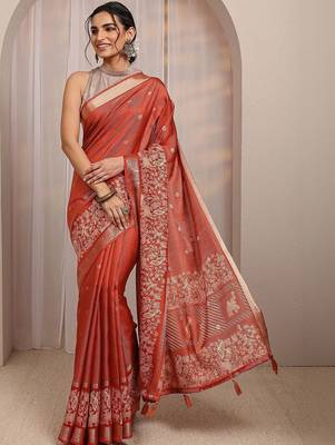 rust ethnic motif woven design saree with unstitched blouse piece 1