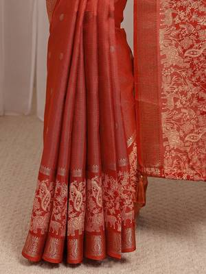rust ethnic motif woven design saree with unstitched blouse piece 3