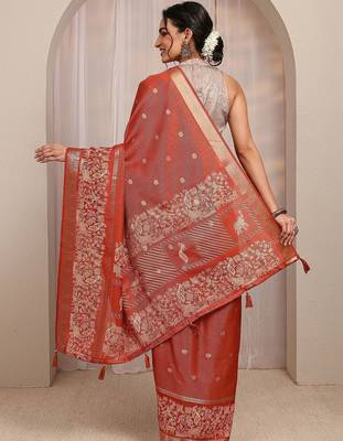 rust ethnic motif woven design saree with unstitched blouse piece 5