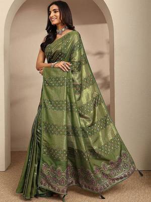olive woven design saree with unstitched blouse piece 1