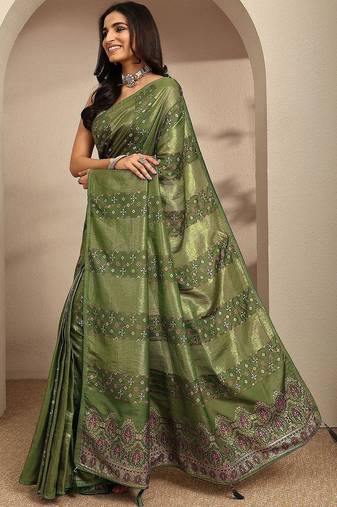 olive woven design saree with unstitched blouse piece