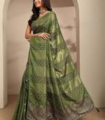 olive woven design saree with unstitched blouse piece