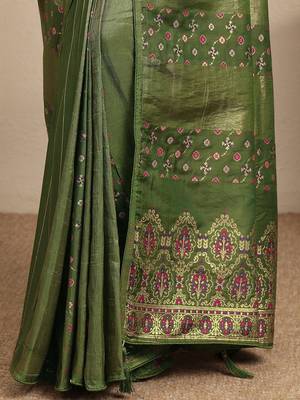 olive woven design saree with unstitched blouse piece 3