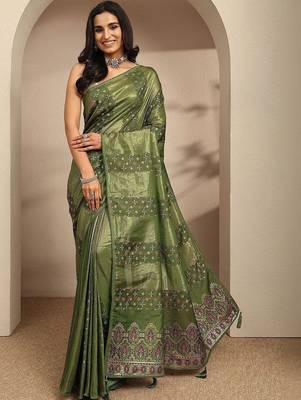 olive woven design saree with unstitched blouse piece 4