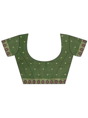 olive woven design saree with unstitched blouse piece 5