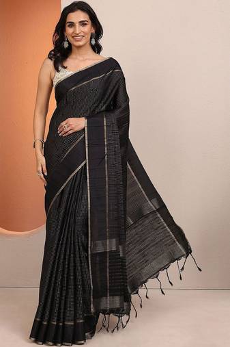 black embellished saree with unstitched blouse piece
