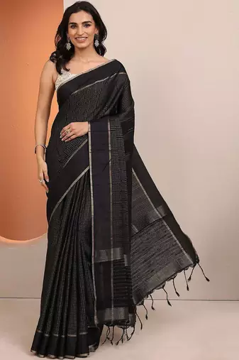 black embellished saree with unstitched blouse piece
