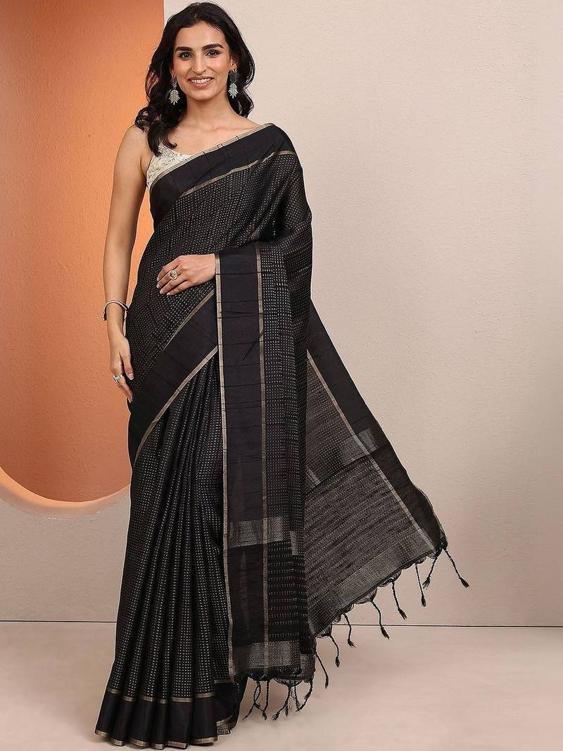 black embellished saree with unstitched blouse piece
