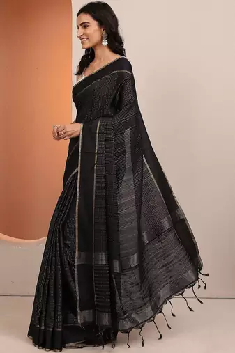 black embellished saree with unstitched blouse piece