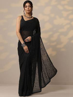 black embroidered georgette sarees with unstitched blouse piece 1
