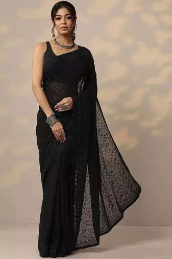black embroidered georgette sarees with unstitched blouse piece