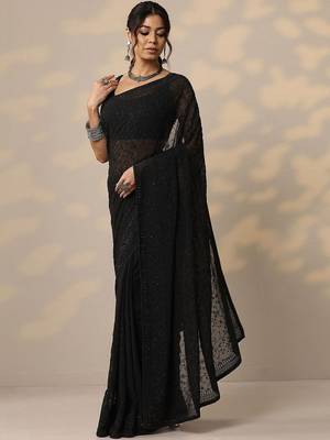 black embroidered georgette sarees with unstitched blouse piece 2