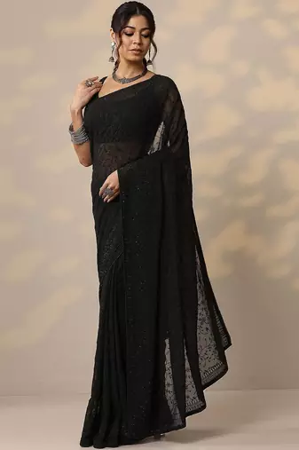 black embroidered georgette sarees with unstitched blouse piece