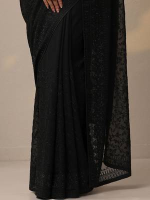 black embroidered georgette sarees with unstitched blouse piece 3