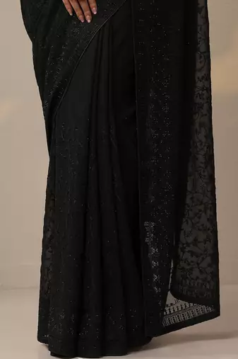 black embroidered georgette sarees with unstitched blouse piece
