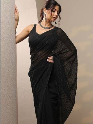 black embroidered georgette sarees with unstitched blouse piece 4