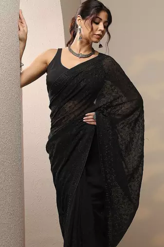 black embroidered georgette sarees with unstitched blouse piece